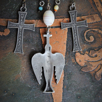 Peace Dove Necklace w/Antique Art Deco Mardi Gras Glass Bead Chain & Dangles,French Dove of Peace Pendant, French "Adveniat Regnum Tuum" (Thy Kingdom Come) Crosses