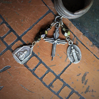 The Triumph Ring w/Antique Sterling Coiled Serpent Band,Antique French Marian & Sacred Heart of Jesus Medals,Antique Sterling Cross,Antique Faceted Glass Bead Connectors