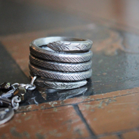 The Triumph Ring w/Antique Sterling Coiled Serpent Band,Antique French Marian & Sacred Heart of Jesus Medals,Antique Sterling Cross,Antique Faceted Glass Bead Connectors