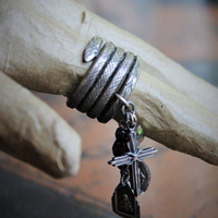 The Triumph Ring w/Antique Sterling Coiled Serpent Band,Antique French Marian & Sacred Heart of Jesus Medals,Antique Sterling Cross,Antique Faceted Glass Bead Connectors