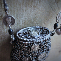 Antique Prayer Box Pendant Necklace w/Inset Antique French Medals,Antique Relic Medal,Antique Sterling Peace Dove & 4 Way Cross,Rare Antique French Sterling Our Lady of Moulins Medal & Much More!