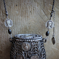 Antique Prayer Box Pendant Necklace w/Inset Antique French Medals,Antique Relic Medal,Antique Sterling Peace Dove & 4 Way Cross,Rare Antique French Sterling Our Lady of Moulins Medal & Much More!