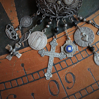 Antique Prayer Box Pendant Necklace w/Inset Antique French Medals,Antique Relic Medal,Antique Sterling Peace Dove & 4 Way Cross,Rare Antique French Sterling Our Lady of Moulins Medal & Much More!