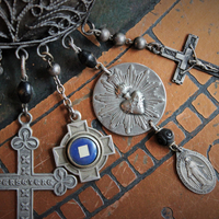 Antique Prayer Box Pendant Necklace w/Inset Antique French Medals,Antique Relic Medal,Antique Sterling Peace Dove & 4 Way Cross,Rare Antique French Sterling Our Lady of Moulins Medal & Much More!
