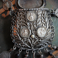 Antique Prayer Box Pendant Necklace w/Inset Antique French Medals,Antique Relic Medal,Antique Sterling Peace Dove & 4 Way Cross,Rare Antique French Sterling Our Lady of Moulins Medal & Much More!