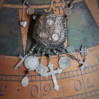 Antique Prayer Box Pendant Necklace w/Inset Antique French Medals,Antique Relic Medal,Antique Sterling Peace Dove & 4 Way Cross,Rare Antique French Sterling Our Lady of Moulins Medal & Much More!