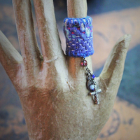 Antique Hand Stitched Kantha Ring w/Tiny Antique Sterling French Marian Medal,Antiqe Sterling Cross,Antique Our Lady of Lourdes Medal,Tiny Antique Art Deco Beads