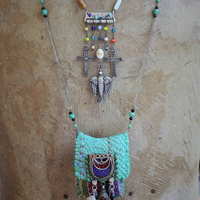 Antique Kantha Hand Stitched Pouch Pendant Necklace w/Tiny Tarot Card Full Deck, Antique Kuchi Gypsy Findings,Vintage Silver Angel Wing,Silver Capped Quartz Points & More!