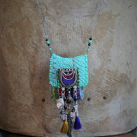 Antique Kantha Hand Stitched Pouch Pendant Necklace w/Tiny Tarot Card Full Deck, Antique Kuchi Gypsy Findings,Vintage Silver Angel Wing,Silver Capped Quartz Points & More!