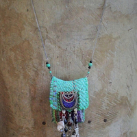 Antique Kantha Hand Stitched Pouch Pendant Necklace w/Tiny Tarot Card Full Deck, Antique Kuchi Gypsy Findings,Vintage Silver Angel Wing,Silver Capped Quartz Points & More!