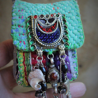 Antique Kantha Hand Stitched Pouch Pendant Necklace w/Tiny Tarot Card Full Deck, Antique Kuchi Gypsy Findings,Vintage Silver Angel Wing,Silver Capped Quartz Points & More!
