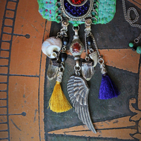 Antique Kantha Hand Stitched Pouch Pendant Necklace w/Tiny Tarot Card Full Deck, Antique Kuchi Gypsy Findings,Vintage Silver Angel Wing,Silver Capped Quartz Points & More!