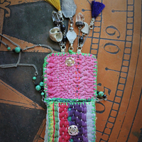 Antique Kantha Hand Stitched Pouch Pendant Necklace w/Tiny Tarot Card Full Deck, Antique Kuchi Gypsy Findings,Vintage Silver Angel Wing,Silver Capped Quartz Points & More!