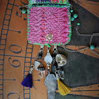 Antique Kantha Hand Stitched Pouch Pendant Necklace w/Tiny Tarot Card Full Deck, Antique Kuchi Gypsy Findings,Vintage Silver Angel Wing,Silver Capped Quartz Points & More!