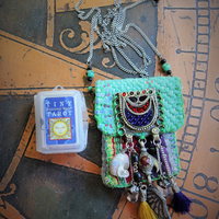 Antique Kantha Hand Stitched Pouch Pendant Necklace w/Tiny Tarot Card Full Deck, Antique Kuchi Gypsy Findings,Vintage Silver Angel Wing,Silver Capped Quartz Points & More!