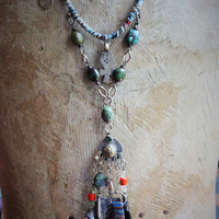 I Speak to You Amulet Necklace w/Antique Kantha,Hand Painted Mussel Shell,Antique Coptic Cross,Antique Sterling Snake Drop,Rainbow Jasper Drop,Antique Gypsy Coin + Much More!