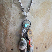 Layaway for L The 4 Elements Amulet Necklace w/Hand Crocheted Rock Crystal Bead Chain, Ancient Shell Fossils,Antique Sterling Inlay Crescent Moon,Rare Faceted Turquoise Nugget,Sterling 4 Way Cross & More!