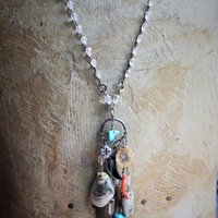 Layaway for L The 4 Elements Amulet Necklace w/Hand Crocheted Rock Crystal Bead Chain, Ancient Shell Fossils,Antique Sterling Inlay Crescent Moon,Rare Faceted Turquoise Nugget,Sterling 4 Way Cross & More!