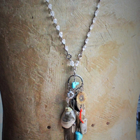 Layaway for L The 4 Elements Amulet Necklace w/Hand Crocheted Rock Crystal Bead Chain, Ancient Shell Fossils,Antique Sterling Inlay Crescent Moon,Rare Faceted Turquoise Nugget,Sterling 4 Way Cross & More!