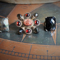 PRICE REDUCED! Majestic Dweck Ring Trio - Checkerboard Faceted Pyrite, Checkerboard Faceted Onyx and AMAZING Smoky Topaz & Garnet Statement Ring
