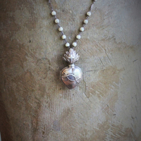 Price Reduced! RARE Antique French Sterling Flaming Sacred Heart Ex Voto Necklace w/Antique French Sterling Mother of Pearl Rosary Chain