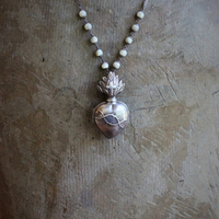 Price Reduced! RARE Antique French Sterling Flaming Sacred Heart Ex Voto Necklace w/Antique French Sterling Mother of Pearl Rosary Chain