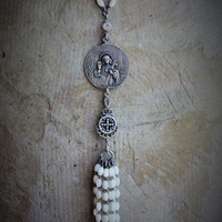 RARE Engraved Antique 1901 French Communion Medal Necklace w/Antique Sterling French Mother of Pearl Rosary Chain,Antique French Mother of Pearl Bead Tassel & Antique Faceted Rock Crystal Drops