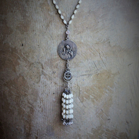 RARE Engraved Antique 1901 French Communion Medal Necklace w/Antique Sterling French Mother of Pearl Rosary Chain,Antique French Mother of Pearl Bead Tassel & Antique Faceted Rock Crystal Drops