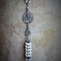 RARE Engraved Antique 1901 French Communion Medal Necklace w/Antique Sterling French Mother of Pearl Rosary Chain,Antique French Mother of Pearl Bead Tassel & Antique Faceted Rock Crystal Drops