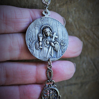 RARE Engraved Antique 1901 French Communion Medal Necklace w/Antique Sterling French Mother of Pearl Rosary Chain,Antique French Mother of Pearl Bead Tassel & Antique Faceted Rock Crystal Drops