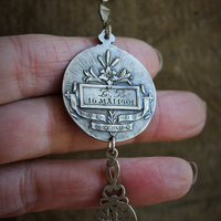 RARE Engraved Antique 1901 French Communion Medal Necklace w/Antique Sterling French Mother of Pearl Rosary Chain,Antique French Mother of Pearl Bead Tassel & Antique Faceted Rock Crystal Drops