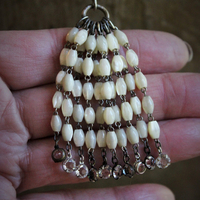 RARE Engraved Antique 1901 French Communion Medal Necklace w/Antique Sterling French Mother of Pearl Rosary Chain,Antique French Mother of Pearl Bead Tassel & Antique Faceted Rock Crystal Drops