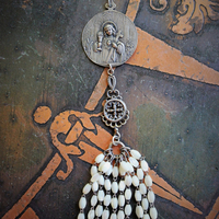 RARE Engraved Antique 1901 French Communion Medal Necklace w/Antique Sterling French Mother of Pearl Rosary Chain,Antique French Mother of Pearl Bead Tassel & Antique Faceted Rock Crystal Drops