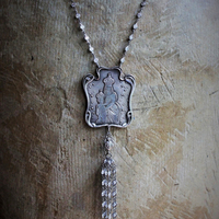 Breathe for Us  Necklace w/One of A Kind Antique French Engraved Mother Mary & Child Wicker Pendant, Sterling & Faceted Crystal Chain, Rare Antique French Sterling Sacred Heart Rosary Connector