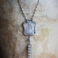 Breathe for Us  Necklace w/One of A Kind Antique French Engraved Mother Mary & Child Wicker Pendant, Sterling & Faceted Crystal Chain, Rare Antique French Sterling Sacred Heart Rosary Connector