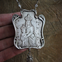 Breathe for Us  Necklace w/One of A Kind Antique French Engraved Mother Mary & Child Wicker Pendant, Sterling & Faceted Crystal Chain, Rare Antique French Sterling Sacred Heart Rosary Connector