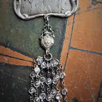 Breathe for Us  Necklace w/One of A Kind Antique French Engraved Mother Mary & Child Wicker Pendant, Sterling & Faceted Crystal Chain, Rare Antique French Sterling Sacred Heart Rosary Connector