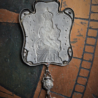 Breathe for Us  Necklace w/One of A Kind Antique French Engraved Mother Mary & Child Wicker Pendant, Sterling & Faceted Crystal Chain, Rare Antique French Sterling Sacred Heart Rosary Connector