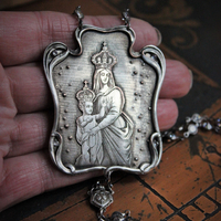 Breathe for Us  Necklace w/One of A Kind Antique French Engraved Mother Mary & Child Wicker Pendant, Sterling & Faceted Crystal Chain, Rare Antique French Sterling Sacred Heart Rosary Connector