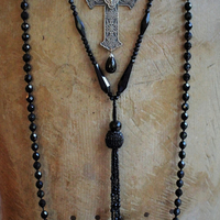 Antique Faceted Black Bead Trio Necklace Set w/RARE Antique French Marian Cross, Antique Faceted Black Bead Tassel