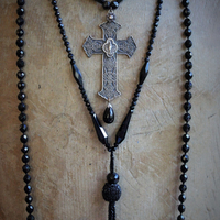 Antique Faceted Black Bead Trio Necklace Set w/RARE Antique French Marian Cross, Antique Faceted Black Bead Tassel