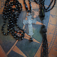 Antique Faceted Black Bead Trio Necklace Set w/RARE Antique French Marian Cross, Antique Faceted Black Bead Tassel