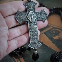 Antique Faceted Black Bead Trio Necklace Set w/RARE Antique French Marian Cross, Antique Faceted Black Bead Tassel