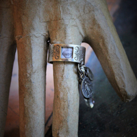 Sterling Artisan Band with Inset Antique Sacred Heart Holy Card Image, Antique French Marian Medal,Vintage Sterling Cross,Silver Capped Rock Quartz Point,Antique Our Lady of Lourdes Medal