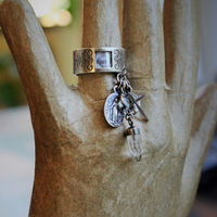 Sterling Artisan Band with Inset Antique Sacred Heart Holy Card Image, Antique French Marian Medal,Vintage Sterling Cross,Silver Capped Rock Quartz Point,Antique Our Lady of Lourdes Medal