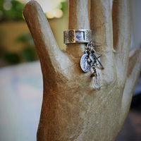 Sterling Artisan Band with Inset Antique Sacred Heart Holy Card Image, Antique French Marian Medal,Vintage Sterling Cross,Silver Capped Rock Quartz Point,Antique Our Lady of Lourdes Medal