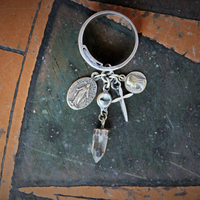 Sterling Artisan Band with Inset Antique Sacred Heart Holy Card Image, Antique French Marian Medal,Vintage Sterling Cross,Silver Capped Rock Quartz Point,Antique Our Lady of Lourdes Medal