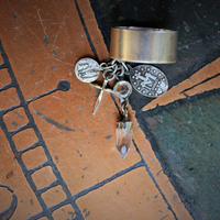 Sterling Artisan Band with Inset Antique Sacred Heart Holy Card Image, Antique French Marian Medal,Vintage Sterling Cross,Silver Capped Rock Quartz Point,Antique Our Lady of Lourdes Medal