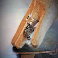 Sterling Artisan Band with Inset Antique Sacred Heart Holy Card Image, Antique French Marian Medal,Vintage Sterling Cross,Silver Capped Rock Quartz Point,Antique Our Lady of Lourdes Medal