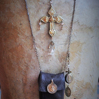 Paradise Lost Necklace Set w/Hand Stitched Distressed Leather Pouch,2 Volume Miniature Paradise Lost (John Milton) Books,Antique French Reliquary Locket,Antique Sacred Heart Cross & More!